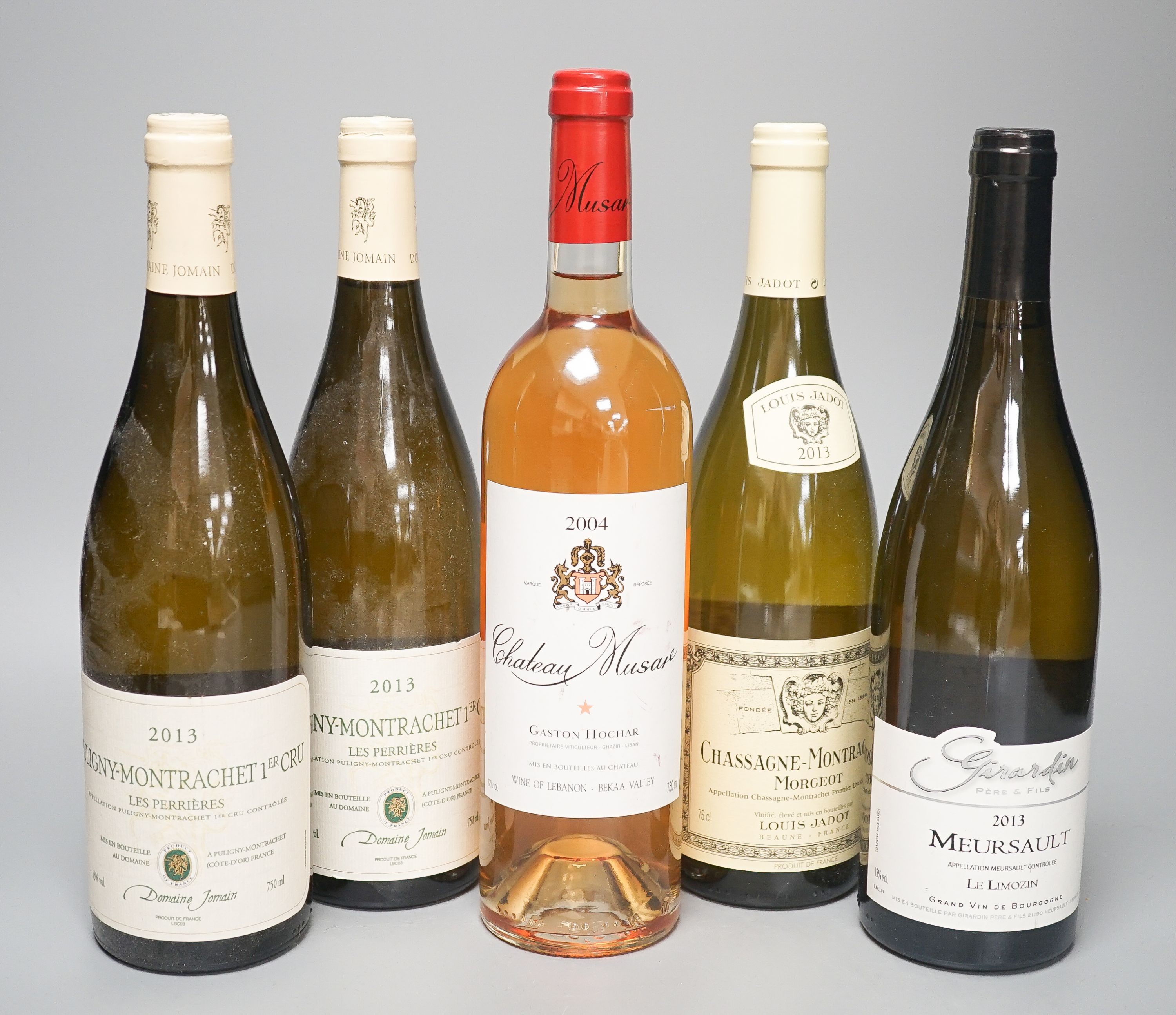 Five assorted white wines including Chateau Musar 2004, Puligny Montrachet, 2013(2), Chassagne Montrachet, 2013 and Meursault, 2013.